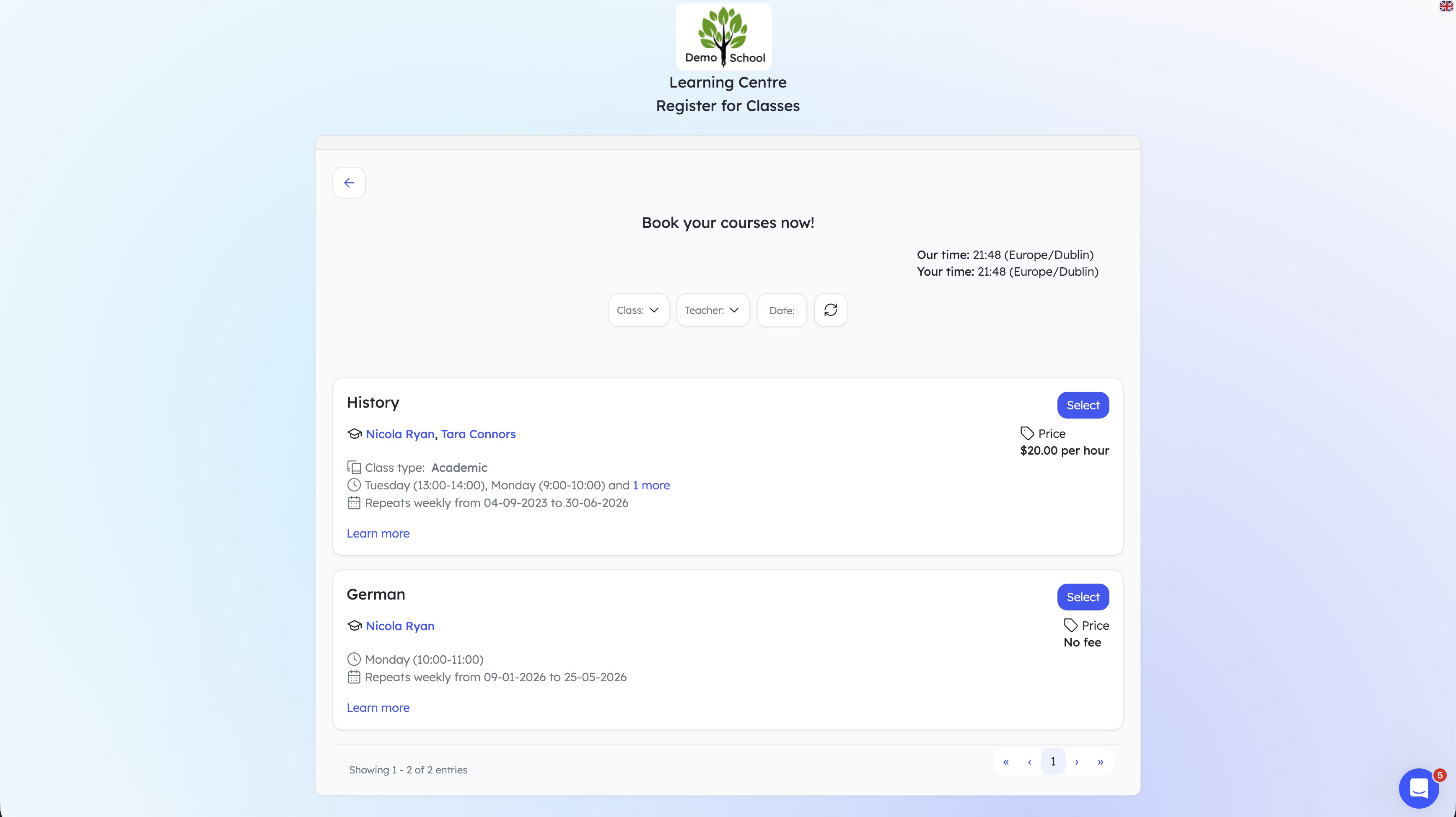 Choosing bookable classes and lessons in Teach 'n Go.
