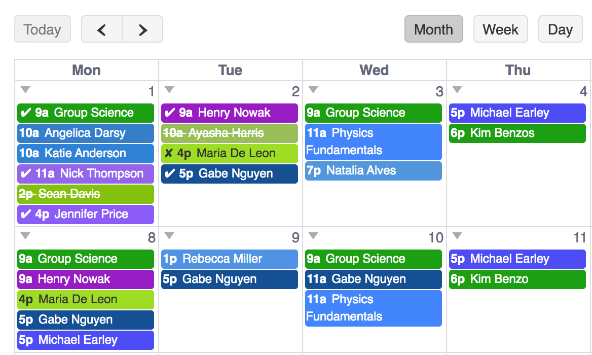 Teachworks calendar month view with color-coded lessons